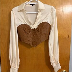 Fashion Nova Cream Blouse with Brown Faux-Leather Bustier